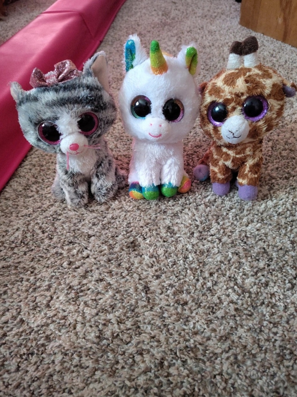 Ty Plush Trio - White Unicorn, Gray Kitten, Brown Giraffe